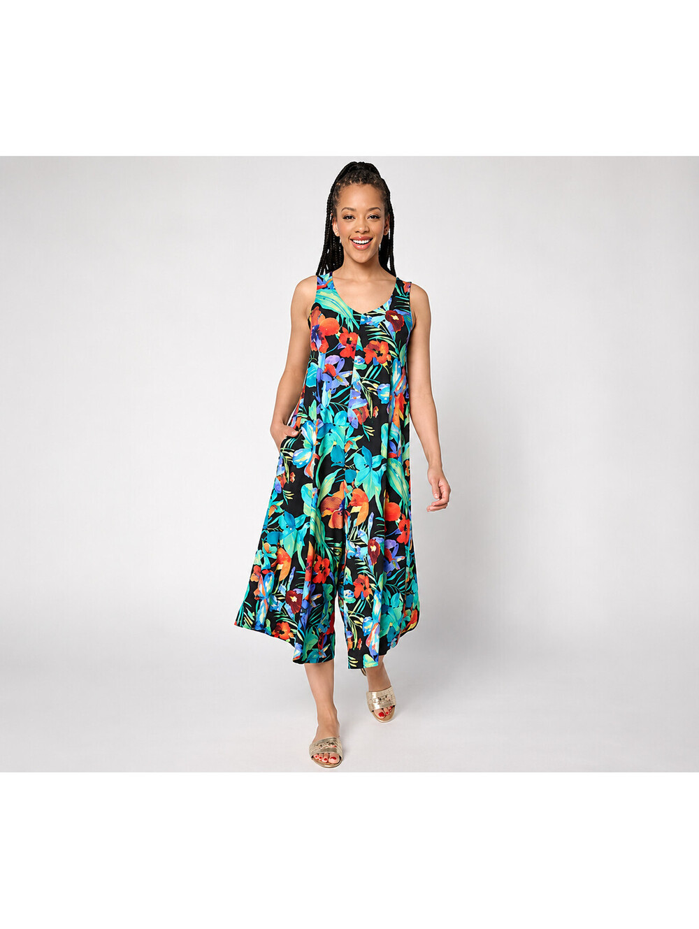 Women with Control Attitudes by Renee V-Neck Handkerchief Hem Jumpsuit,Petite 3X